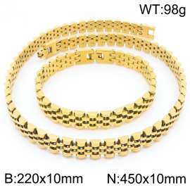 Stainless steel simple and fashionable 220 × 10mm&450 × 10mm strap chain special buckle charm gold bracelet&necklace 2-piece set