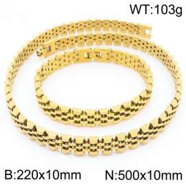 Stainless steel simple and fashionable 220 × 10mm&500 × 10mm strap chain special buckle charm gold bracelet&necklace 2-piece set