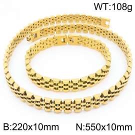 Stainless steel simple and fashionable 220 × 10mm&550 × 10mm strap chain special buckle charm gold bracelet&necklace 2-piece set