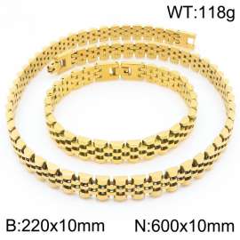 Stainless steel simple and fashionable 220 × 10mm&600 × 10mm strap chain special buckle charm gold bracelet&necklace 2-piece set