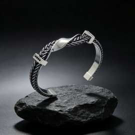 Twisted Braided Stainless Steel Men Cuff Bracelet, Zircon Decor Open Adjustable Silver Bangle, Mens Statement Wrist Jewelry
