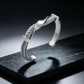 Twisted Braided Stainless Steel Men Cuff Bracelet, Zircon Decor Open Adjustable Silver Bangle, Mens Statement Wrist Jewelry