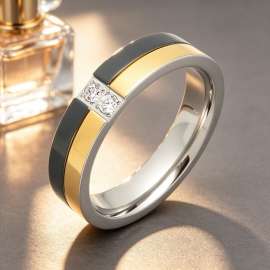 Fashion Men Women Stainless Steel Band Ring Gold Silver Black Enamel Two‑Color Ring With 2 Zircon Stones Daily Party Jewelry Gift